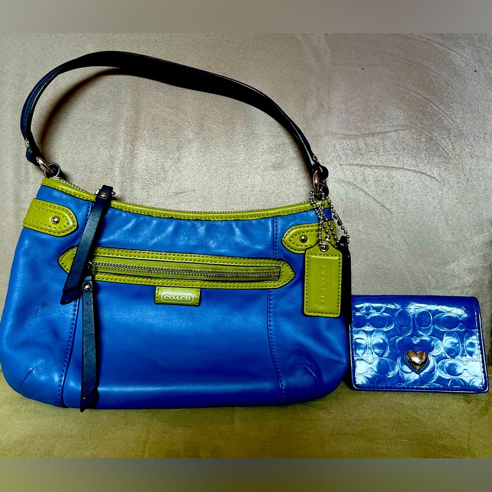 Blue and Green Coach Purse with Matching Blue Wallet